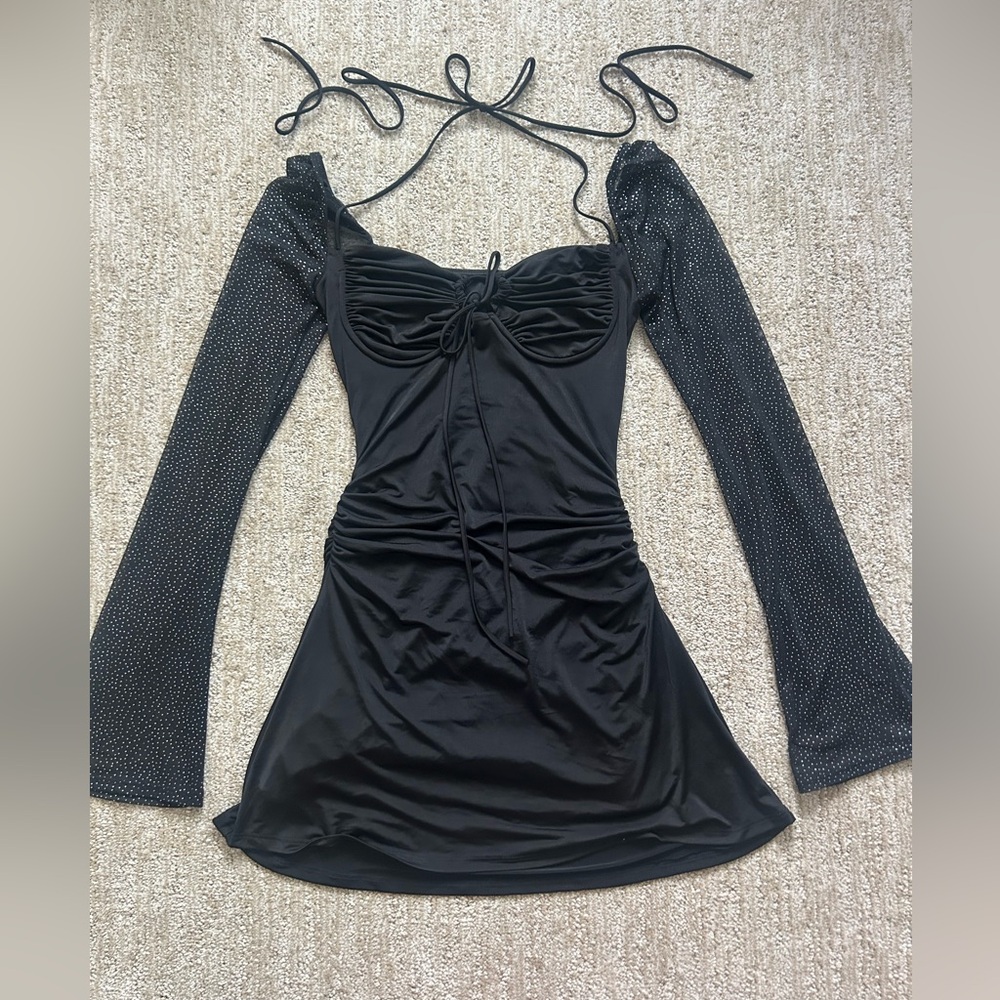 Winonah Glitter Mesh Long Sleeve Dress in Black